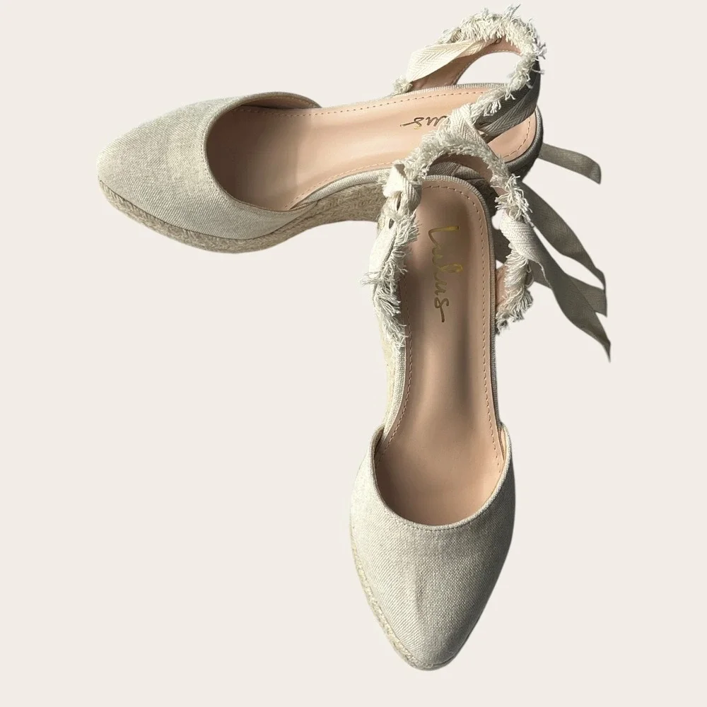 Lulus Elsinore Linen Lace-Up Espadrille Wedges Beige Closed‎ Toe 7.5 NWOT